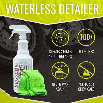 BugSlide 16 Oz Shop Kit Cleaner and Polisher with Microfiber Towel, Spray and Wipe Car Cleaner, Waterless Detailer for Removing Bugs Without Scratching, Shining and Degreasing All Surfaces