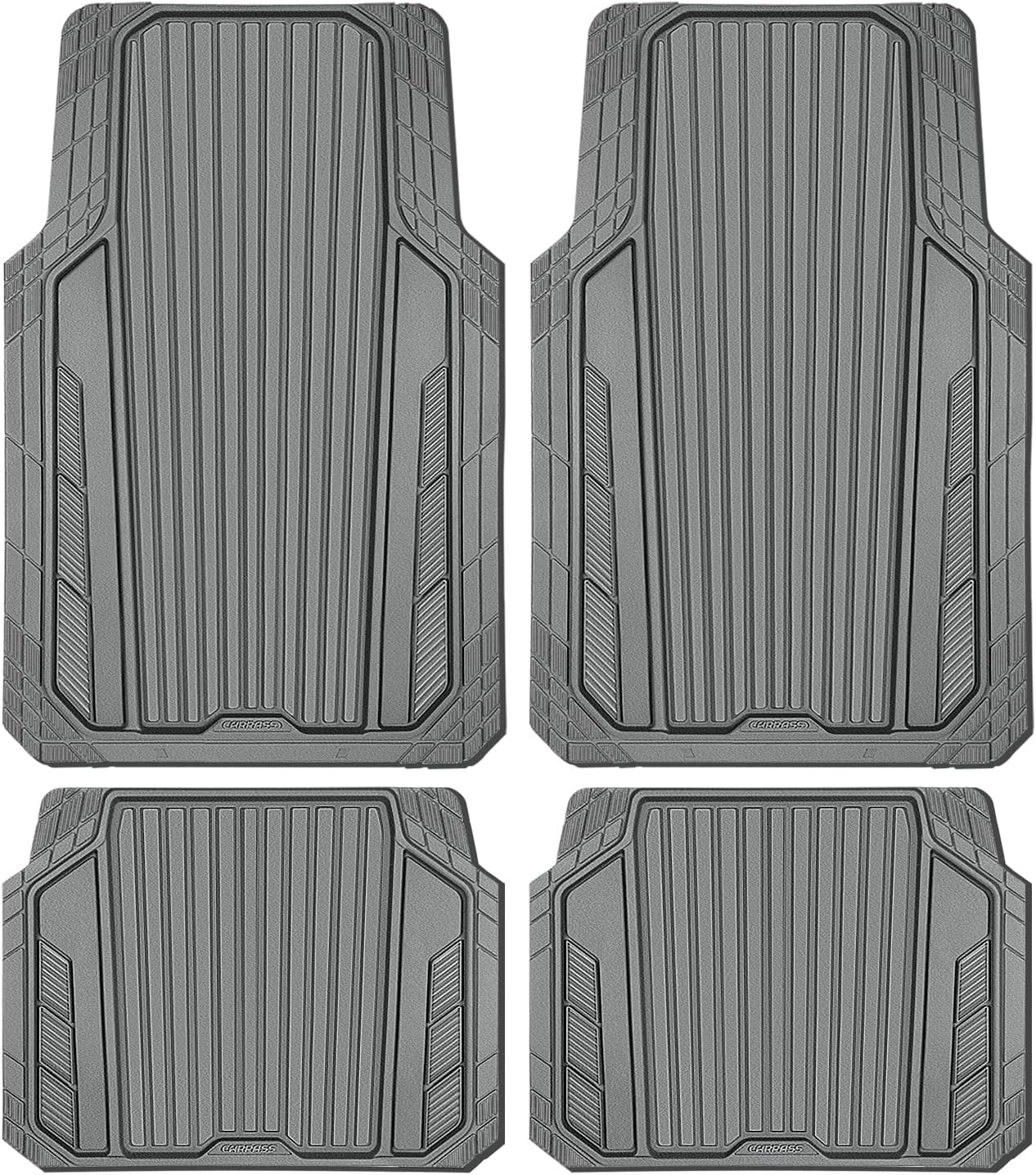 CAR PASS Heavy Duty Rubber Car Mats Metallic, Aluminum Film All Weather Floor Mats Waterproof Universal Trim to Fit Automotive SUV Sedan Van 4 Piece Anodized Deep Dish Two-Tone Sporty Black Red Chrome