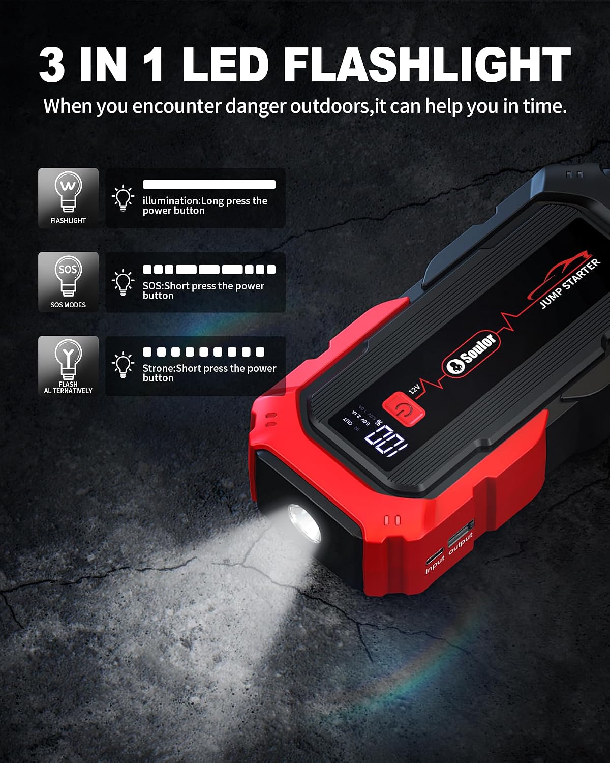 Jump Starter, Battery Jumper Starter Portable, Car Battery Jump Starter with 3 Modes Flashlight, Compass, Power Bank and Jumper Cable