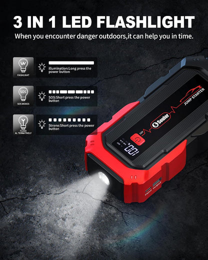 Jump Starter, Battery Jumper Starter Portable, Car Battery Jump Starter with 3 Modes Flashlight, Compass, Power Bank and Jumper Cable