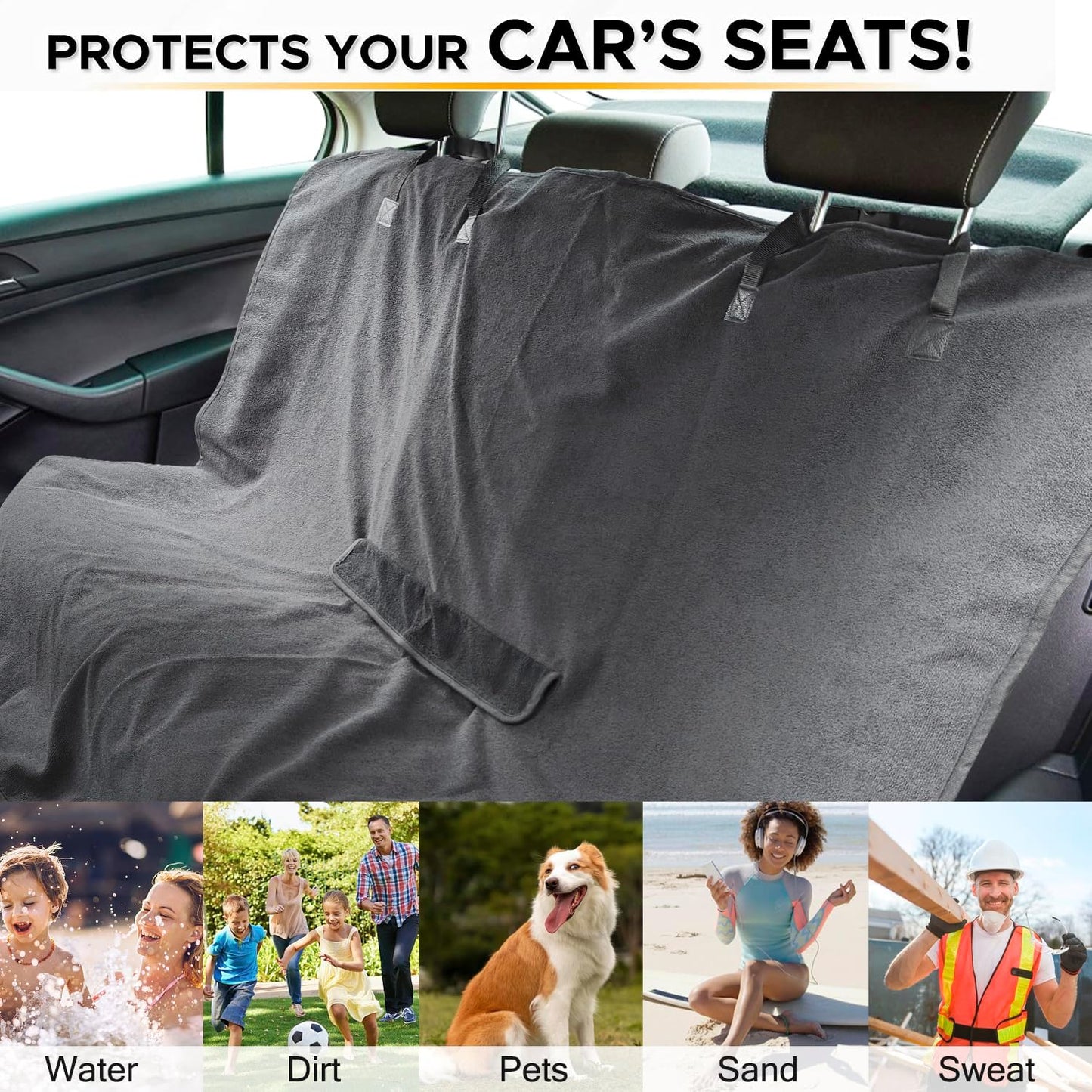 Waterproof Sweating Car Seat Cover for Post Gym Workout, Running, Swimming, Beach and Hiking, Universal Fit Non-Slip Towel Bucket Seat Protector for Cars SUV Trucks, Machine Washable (Grey)