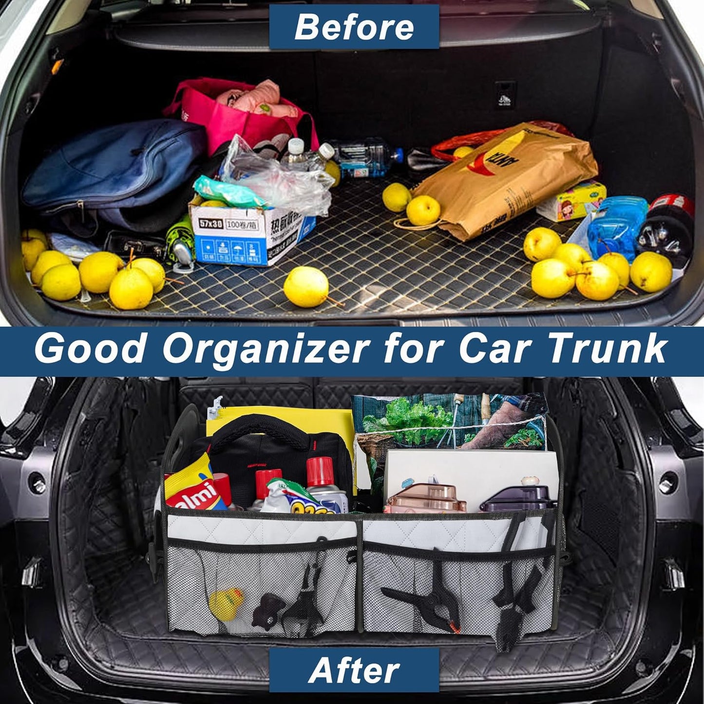 Deosk Car Trunk Organizer for SUV, Car Organizers and Storage with Reinforced Handles, Car Accessories for Women/Men 50LWaterproof Polyester Trunk Organizer, Black