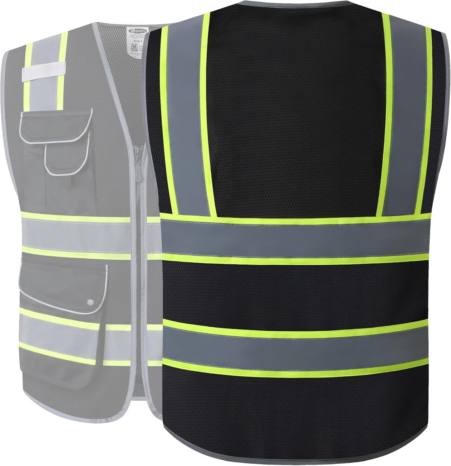 JKSafety 9 Pockets Class 2 High Visibility Zipper Front Safety Vest With Reflective Strips,Meets ANSI/ISEA Standard (Large, 150-Yellow) - Colors A