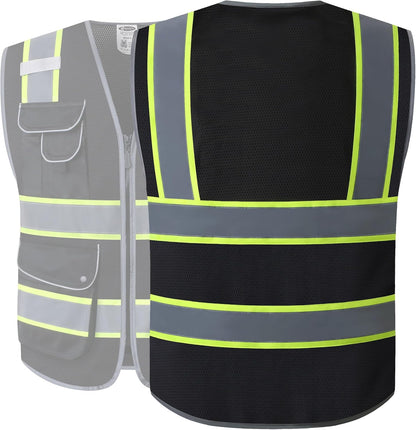 JKSafety 9 Pockets Class 2 High Visibility Zipper Front Safety Vest With Reflective Strips,Meets ANSI/ISEA Standard (Large, 150-Yellow) - Colors A