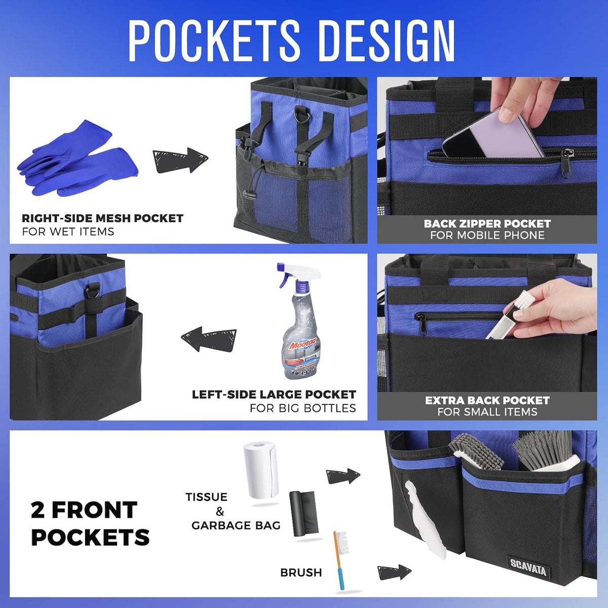 SCAVATA Compact Wearable Cleaning Caddy, Small Supplies Organizer with Handle & Shoulder Straps for Housekeepers, Under Sink & Car Cleaning Tool Organizer Bag (Black)