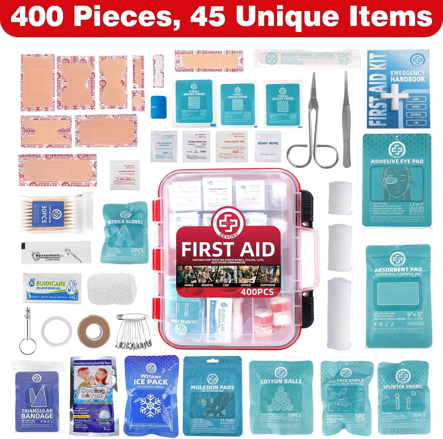 Gevoke Professional First Aid Kit - 310 Piece HardCase Medical Kit for Home, Car, Camping, Travel, Hiking, Truck, Office, Sports, Vehicle & Outdoor Emergencies
