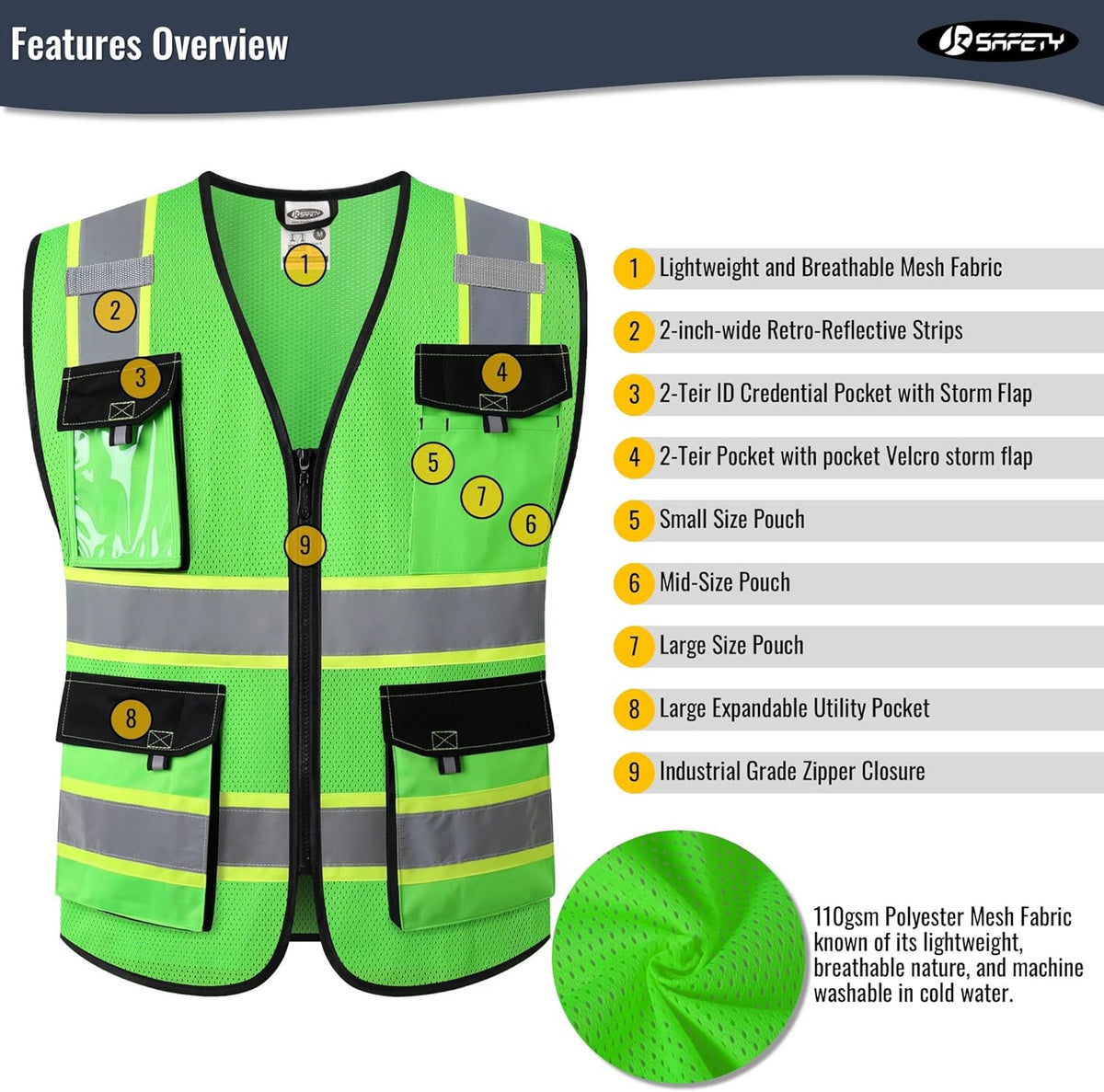 JKSafety Hi Vis Reflective Safety Vests for Men Women High Visibility Vest with Pockets Mesh Fabric Construction Safety Apparel Neon Vest for Work (220-Black L)