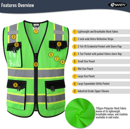 JKSafety Hi Vis Reflective Safety Vests for Men Women High Visibility Vest with Pockets Mesh Fabric Construction Safety Apparel Neon Vest for Work (220-Black L)