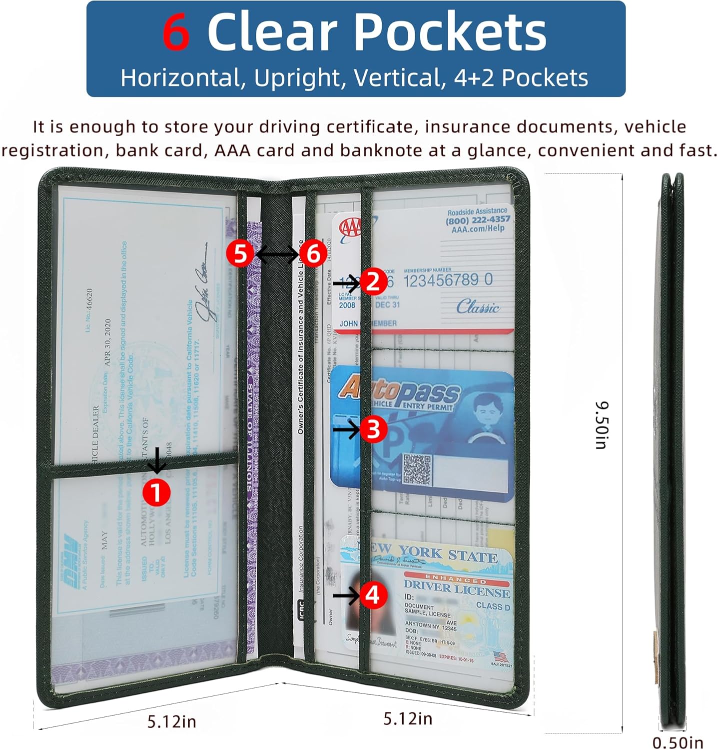 Premium Car Registration & Insurance Card Holder with Magnetic Closure & Clear Pockets, Glove Box Organizer for Documents, Driver's License (Reticulated black)