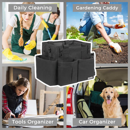 SCAVATA Compact Wearable Cleaning Caddy, Small Supplies Organizer with Handle & Shoulder Straps for Housekeepers, Under Sink & Car Cleaning Tool Organizer Bag (Black)