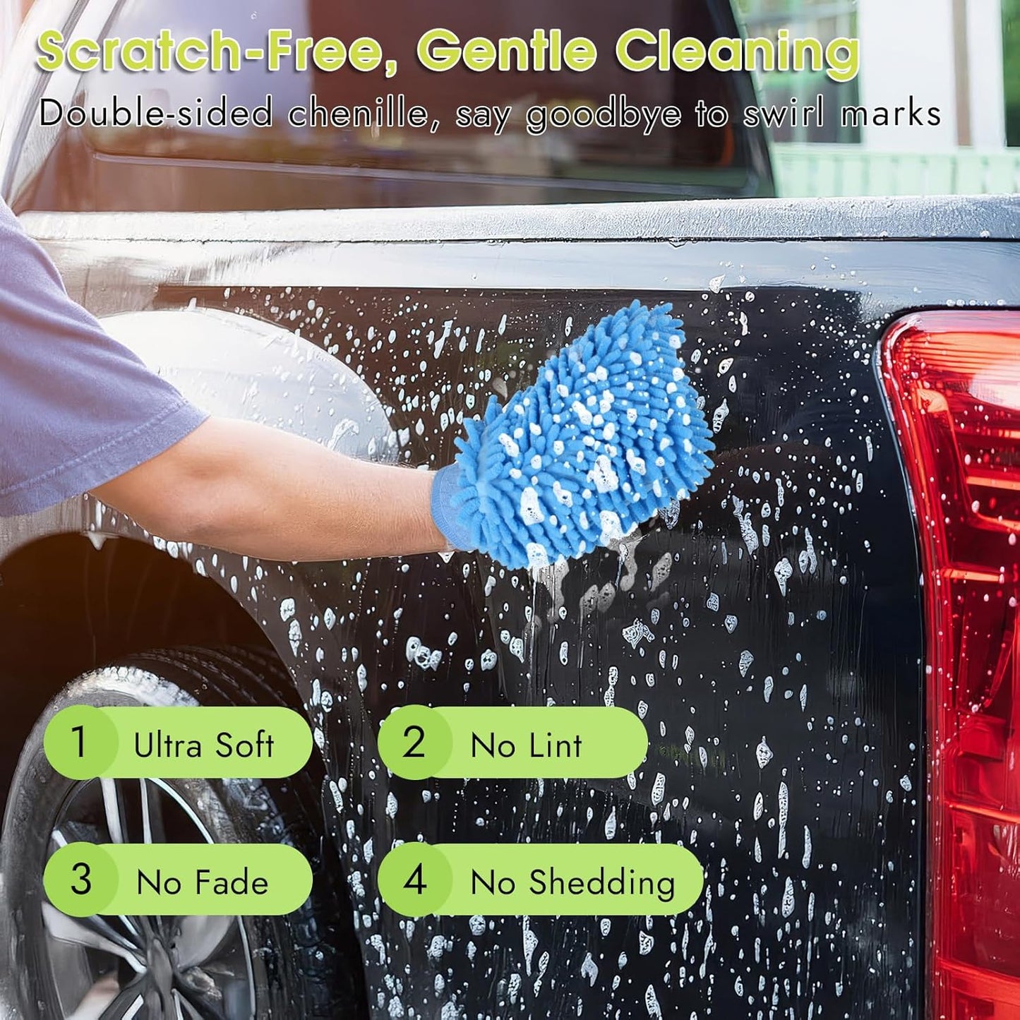 3 Pack Chenille Microfiber Car Wash Mitt, 7" x 9.6" Car Washing Mitts, Home Dusting Gloves, Scratch Free Lint-Free, Highly Absorbent, Double Sided, for Cleaning Detailing Polish (Green)