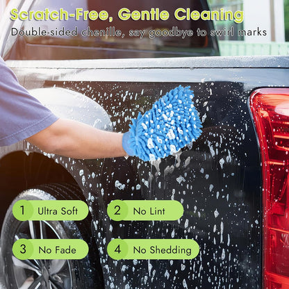 3 Pack Chenille Microfiber Car Wash Mitt, 7" x 9.6" Car Washing Mitts, Home Dusting Gloves, Scratch Free Lint-Free, Highly Absorbent, Double Sided, for Cleaning Detailing Polish (Green)