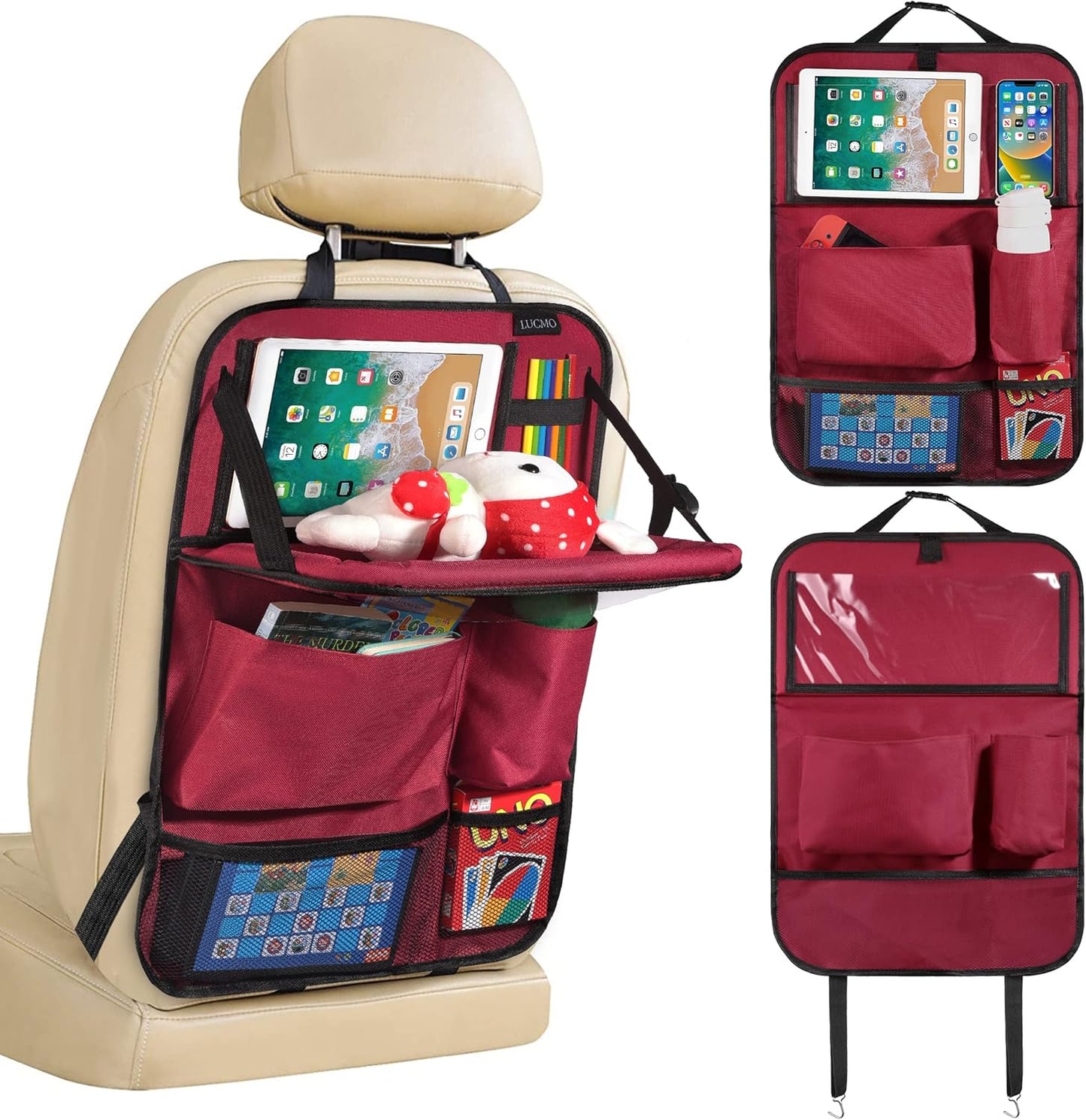LUCMO Car Backseat Organizer with Tablet Holder,6 Storage Pockets Car Storage Organizer with Foldable Food Tray,Protectors Kick Mats Travel Accessories-Black