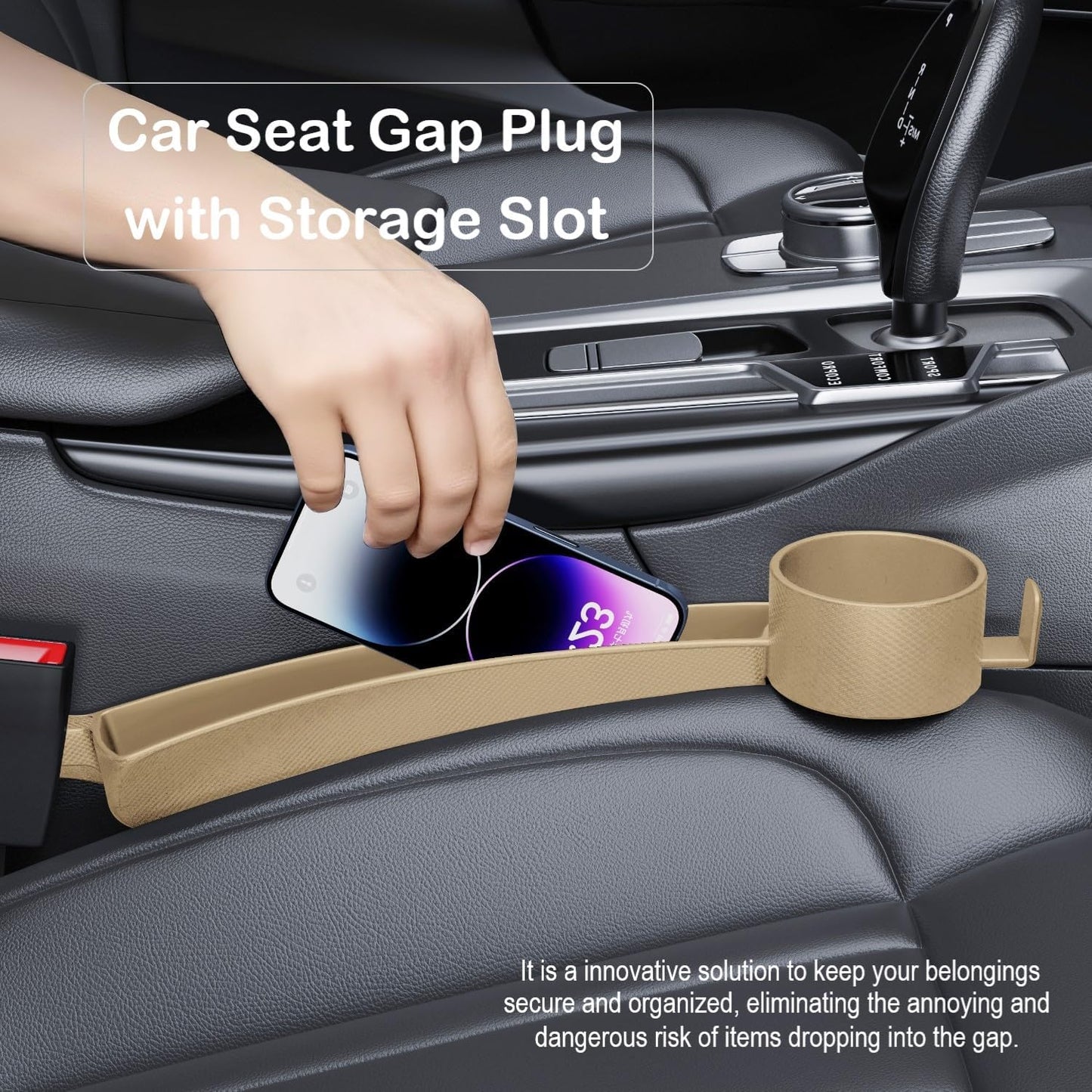 Car Seat Gap Plug with Storage Slot, Auto Gap Filler Organizer with Cup Holder, Universal Carseat Side Gap Filler Strip 2 Pack Between Front Seats & Console, Anti-Drop Pad with Seatbelt Holes, Black
