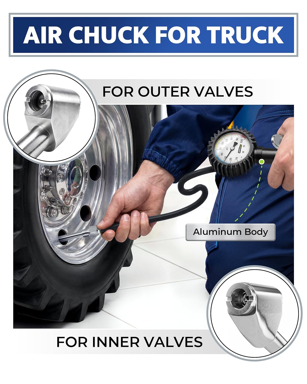 Tire Inflator with Pressure Gauge and Longer Hose - Most Accurate, Heavy Duty Air Chuck with Gauge for Air Compressor Tire Inflator Attachment - 100PSI