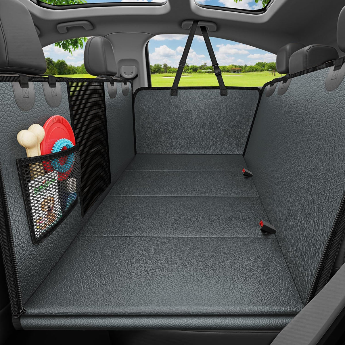 URPOWER Backseat Extender for Dogs - Hard Bottom Dog Car Seat Cover for Back Seat, Dog Hammock for Car and SUV, Pet Rear Seat Protector Dogs Travel Bed with Mesh Window