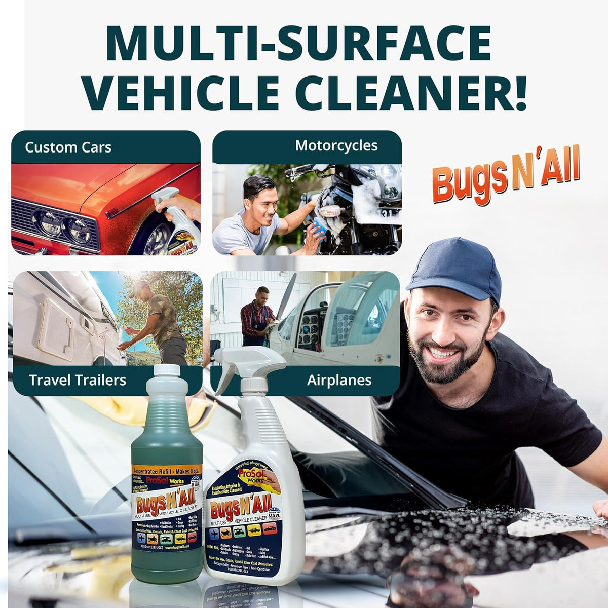 Bugs N’ All Multipurpose Car Cleaner & Degreaser - Bug & Tar Remover Concentrate 4 oz - Exterior Cleaner Safe for Car Paint, Metal, Chrome, Aluminum, Windows & Mirrors - w/Free 32 oz Spray Bottle