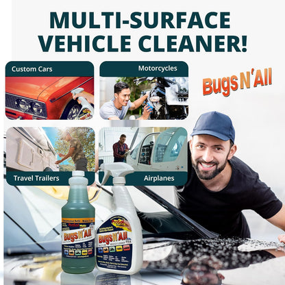 Bugs N’ All Multipurpose Car Cleaner & Degreaser - Bug & Tar Remover Concentrate 4 oz - Exterior Cleaner Safe for Car Paint, Metal, Chrome, Aluminum, Windows & Mirrors - w/Free 32 oz Spray Bottle