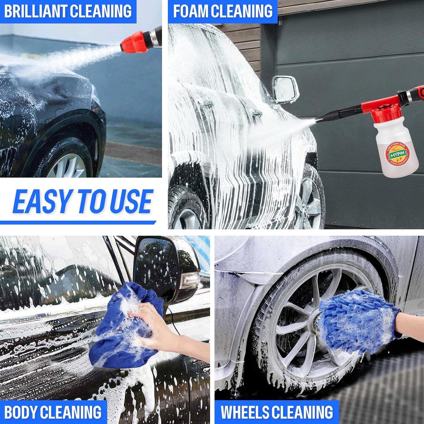 Car Wash Foam Gun/Hose Sprayer, 16 IN 1 Cannon, Adjustable with 2.5-6 Ratio Dial Foam Blaster, 1L Bottle, Nozzles, Mitten, 1/2” Quick Connector for Garden Hose, for Car/Garden Cleaning