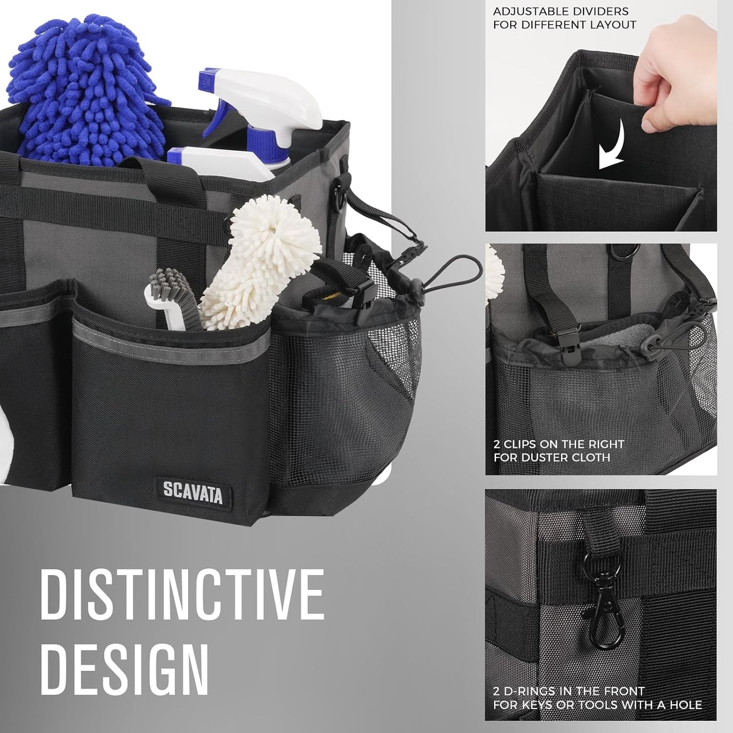 SCAVATA Compact Wearable Cleaning Caddy, Small Supplies Organizer with Handle & Shoulder Straps for Housekeepers, Under Sink & Car Cleaning Tool Organizer Bag (Black)