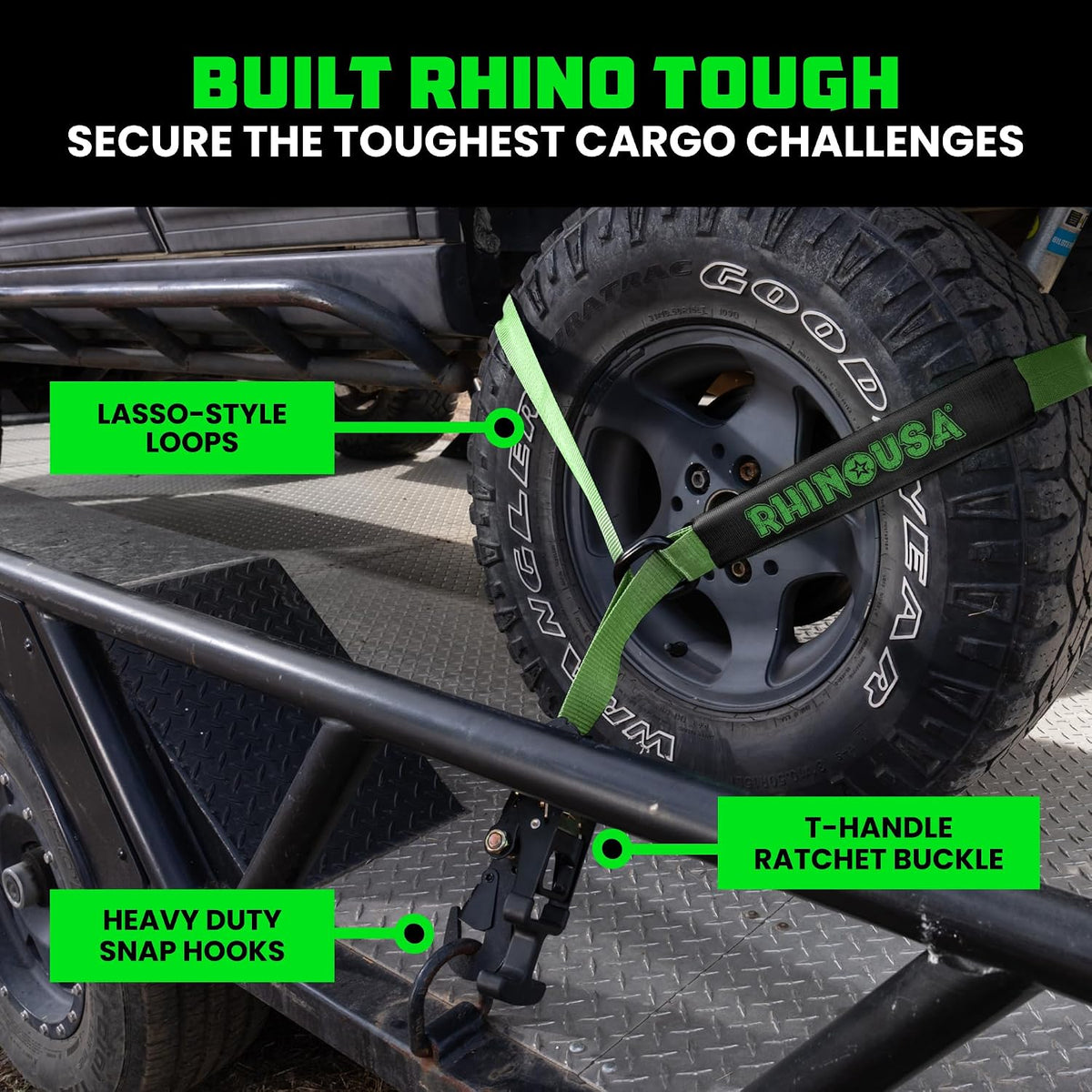 Rhino USA Car Tie Down Straps with J Hooks – 4 Pack 2" x8' – 10,000lbs Break Strength – Heavy Duty T-Handle Car Hauler Tire Lasso Wheel Straps for Trailers, UTV & Powersports – Black
