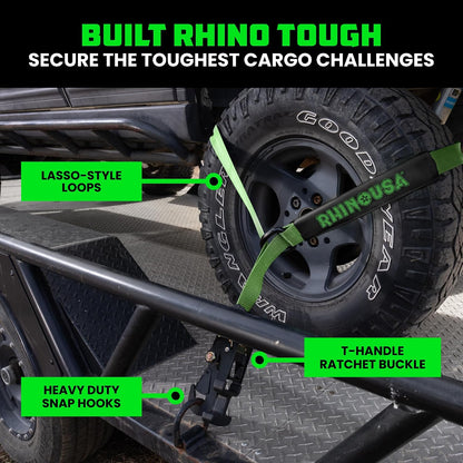 Rhino USA Car Tie Down Straps with J Hooks – 4 Pack 2" x8' – 10,000lbs Break Strength – Heavy Duty T-Handle Car Hauler Tire Lasso Wheel Straps for Trailers, UTV & Powersports – Black
