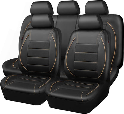 CAR PASS Universal FIT Piping Leather Two Front Seat Covers, Waterproof Faux Leather for SUV Sedan Van Truck, Airbag Compatible,Reserved Opening Holes for Headrest Covers. (Black red)