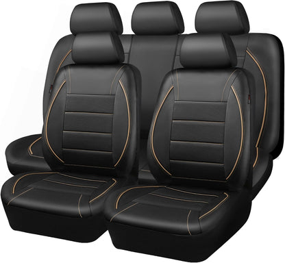 CAR PASS Universal FIT Piping Leather Two Front Seat Covers, Waterproof Faux Leather for SUV Sedan Van Truck, Airbag Compatible,Reserved Opening Holes for Headrest Covers. (Black red)