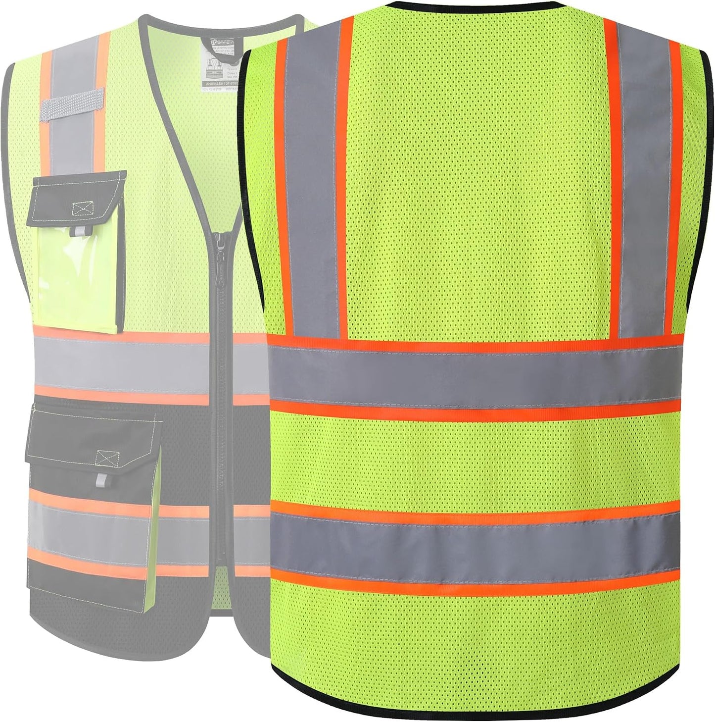 JKSafety Hi Vis Reflective Safety Vests for Men Women High Visibility Vest with Pockets Mesh Fabric Construction Safety Apparel Neon Vest for Work (220-Black L)