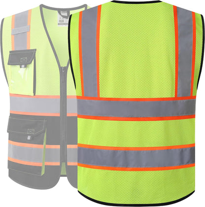 JKSafety Hi Vis Reflective Safety Vests for Men Women High Visibility Vest with Pockets Mesh Fabric Construction Safety Apparel Neon Vest for Work (220-Black L)