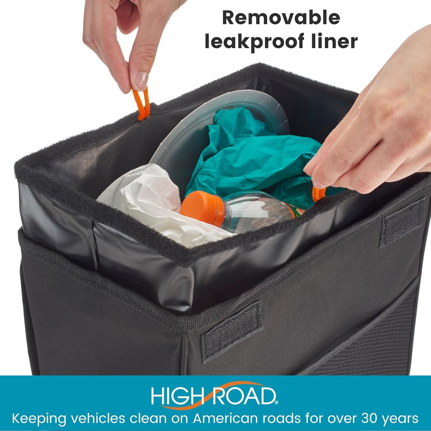 High Road TrashStand Weighted Car Trash Can with Lid and Removable Leakproof Liner - Universal Fit Behind Center Console in Back Seat - Holds 2 Gallons of Car Garbage