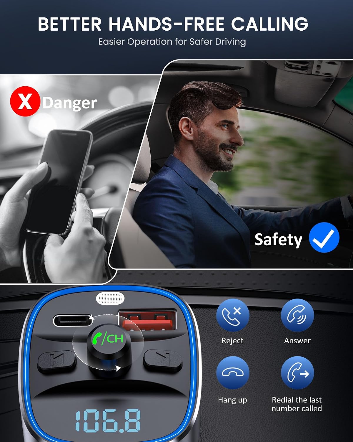 LENCENT FM Transmitter, Bluetooth FM Transmitter Wireless Radio Adapter Car Kit with Dual USB Charging, Audio Receiver Car Charger MP3 Player, Support Hands-Free Calling, TF Card & USB Disk