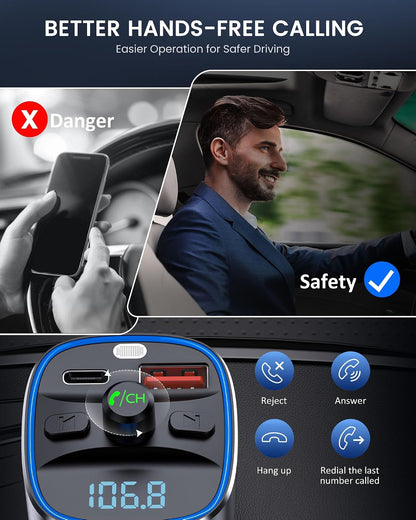 LENCENT FM Transmitter, Bluetooth FM Transmitter Wireless Radio Adapter Car Kit with Dual USB Charging, Audio Receiver Car Charger MP3 Player, Support Hands-Free Calling, TF Card & USB Disk