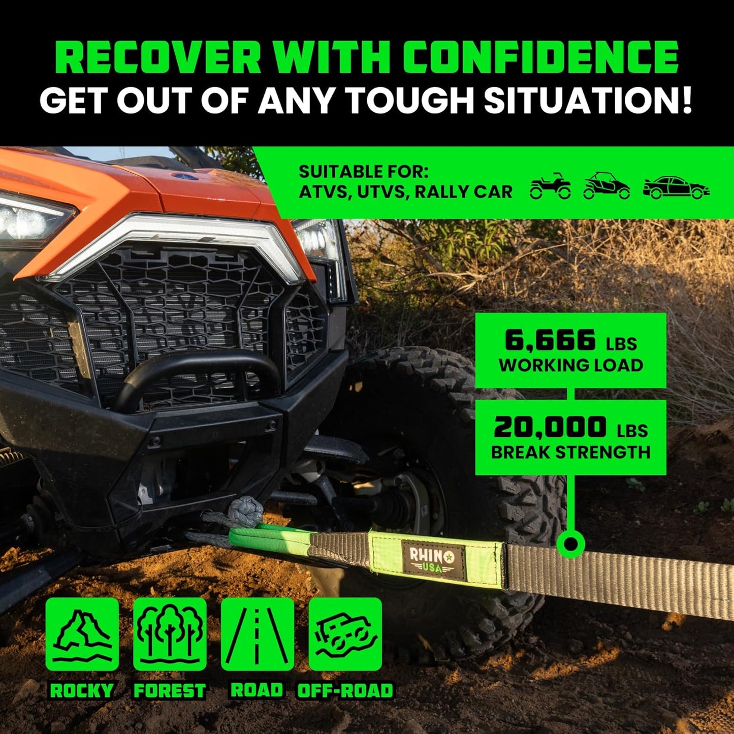 Rhino USA Recovery Tow Strap (3" x 20') - 31,518lb Break Strength - Emergency Recovery Strap Tow Rope for Truck, UTV, ATV & More - Heavy Duty Towing Strap for Offroad 4x4 Use - Compatible with Jeep