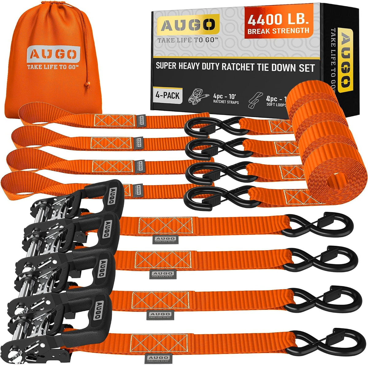 AUGO Ratchet Straps Heavy Duty 4 Pack -15 FT - 2200 LB Break Strength – with Safety Lock S Hooks - Cargo Straps for Moving, Appliances, Motorcycle – Soft Loop Tie Down Straps