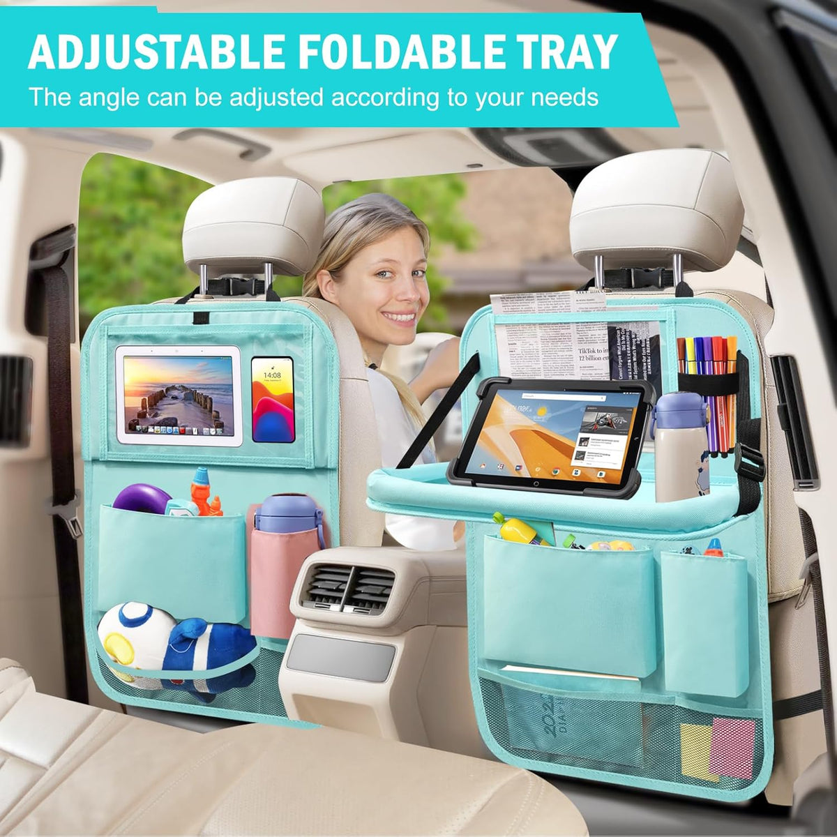 2Pack Car Backseat Organizer with Foldable Table Tray,6 Storage Pockets Car Storage Organizer with Tablet Holder,Car Seat Back Protectors Kick Mats Travel Accessories (Black)