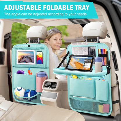 2Pack Car Backseat Organizer with Foldable Table Tray,6 Storage Pockets Car Storage Organizer with Tablet Holder,Car Seat Back Protectors Kick Mats Travel Accessories (Black)