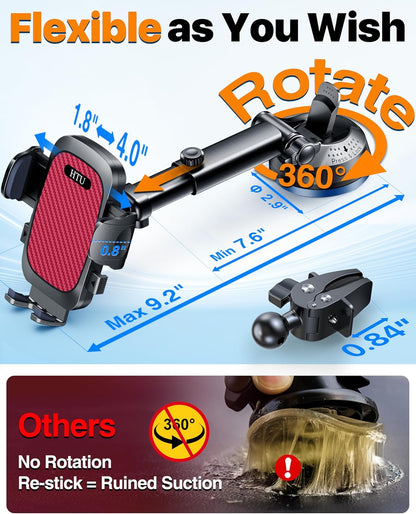 2026 Ultimate Best【True Military-Grade & Safety Cert】Car Phone Holder HTU【Upgraded 360 Rotation & 100+LBS Strongest Suction】5-in-1 Truck Windshield Dashboard Vent Mount Stand for iPhone Android, Black
