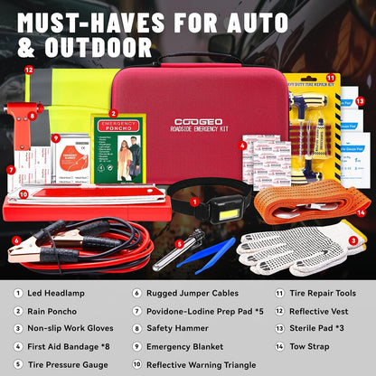 Car Roadside Emergency Kit with Battery Jumper Cables,Car Accessories for Men or Women,Automotive Safety Kit for Car,Vehicle, Truck or SUV,Gifts for Men or Him,Green