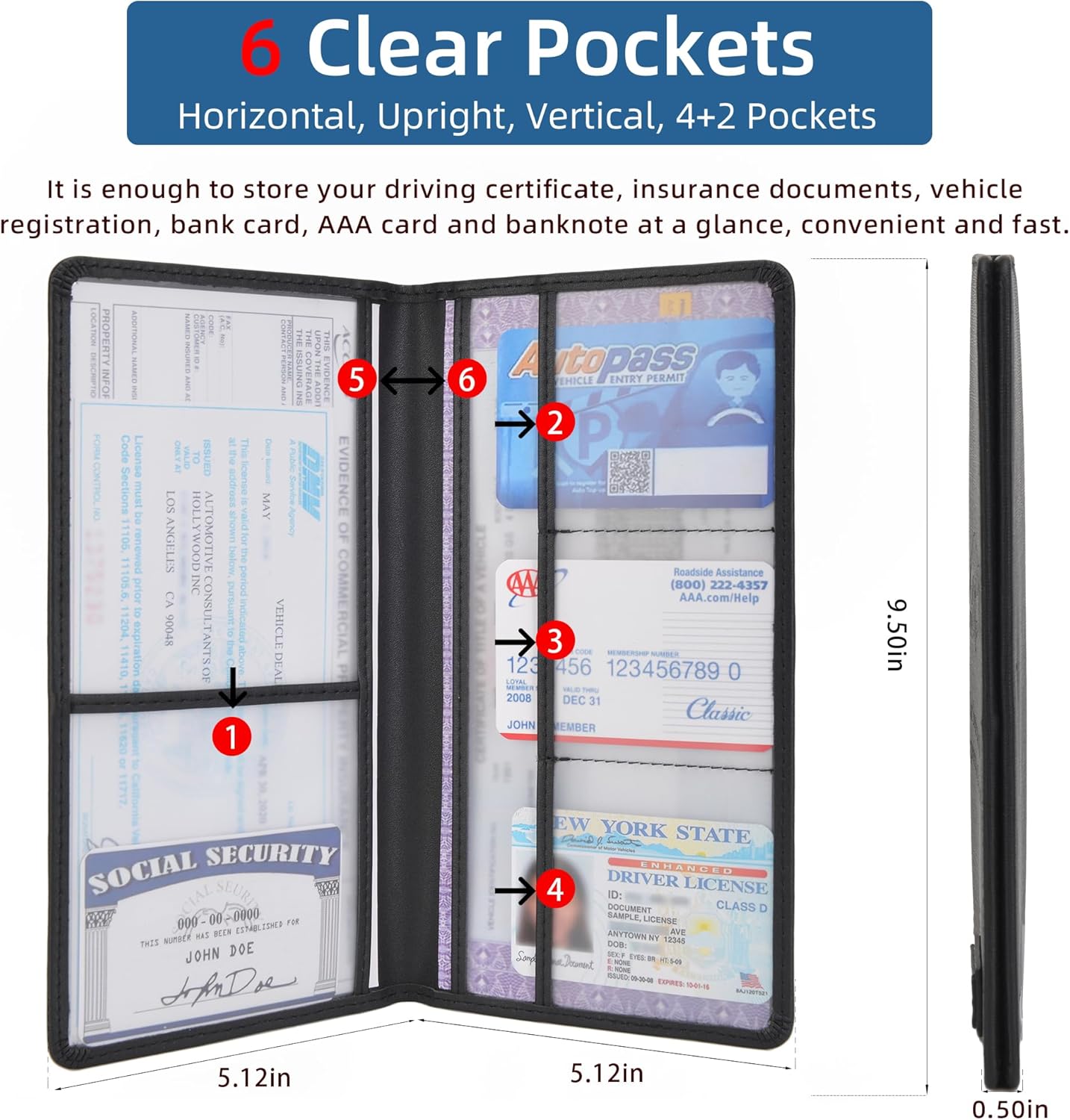 Premium Car Registration & Insurance Card Holder with Magnetic Closure & Clear Pockets, Glove Box Organizer for Documents, Driver's License (Reticulated black)