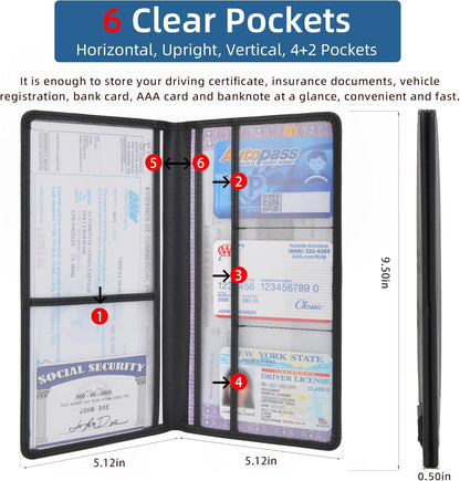 Premium Car Registration & Insurance Card Holder with Magnetic Closure & Clear Pockets, Glove Box Organizer for Documents, Driver's License (Reticulated black)