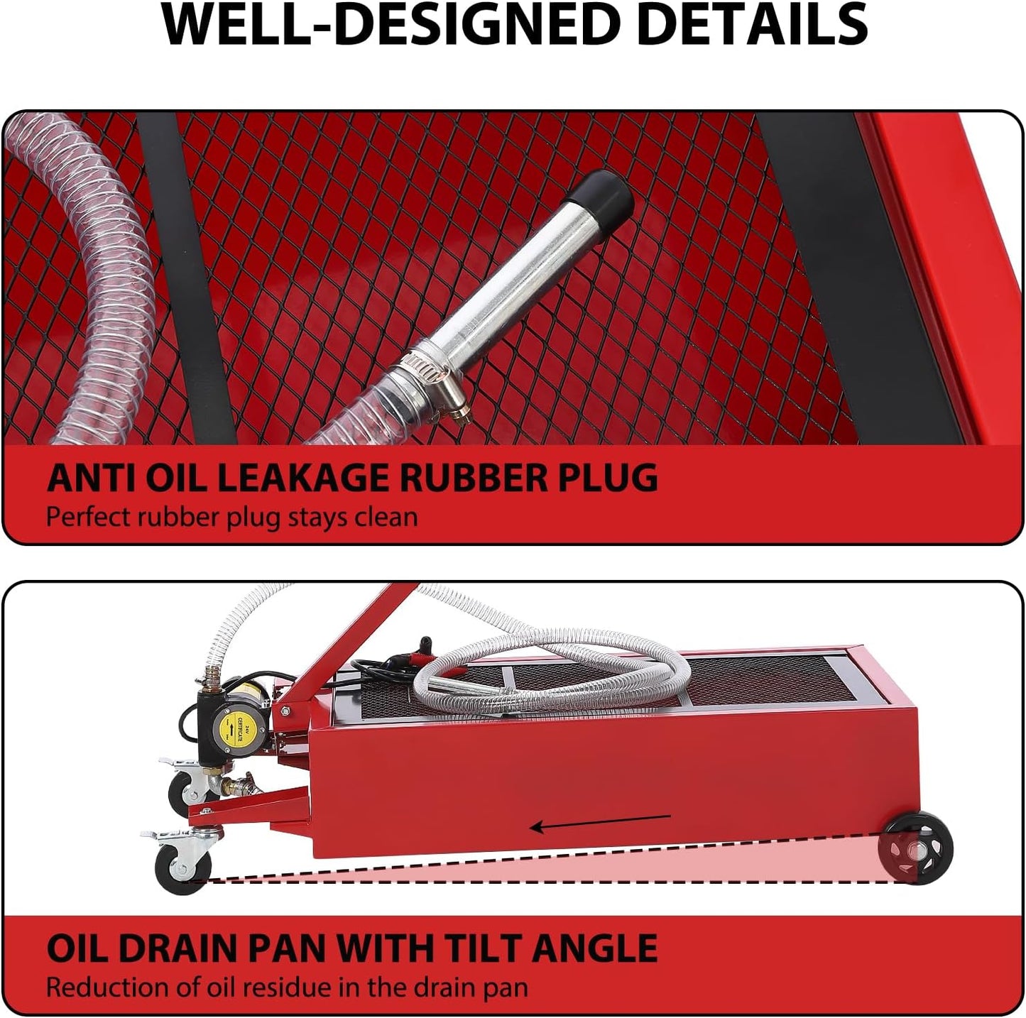 Garvee 20 gal Oil Drain Pan Oil Drain Tank, 76 L Low Profile Oil Drain Pan, Large Capacity Oil Change Pan with Manual Pump & T Foldable Hand and Wheels, 8 ft Hose Oil Drain Cart for Car, SUV, Trucks