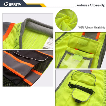 JKSafety 9 Pockets Class 2 High Visibility Zipper Front Safety Vest With Reflective Strips,Meets ANSI/ISEA Standard (Large, 150-Yellow) - Colors B