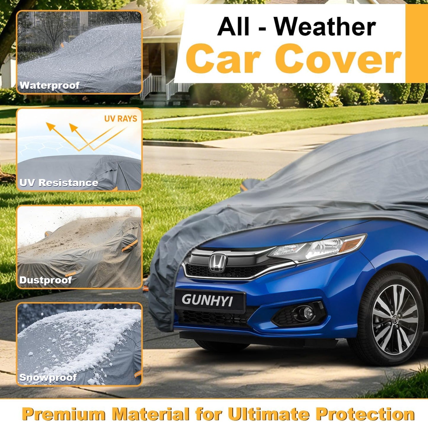 GUNHYI 16 Layers Car Cover Waterproof All Weather, Heavy Duty Outdoor Car Cover Universal Fit Sedan Toyota Camry, Tesla Model 3, Honda Accord, Nissan Altima, Kia K5/Stinger, Hyundai Sonata etc.