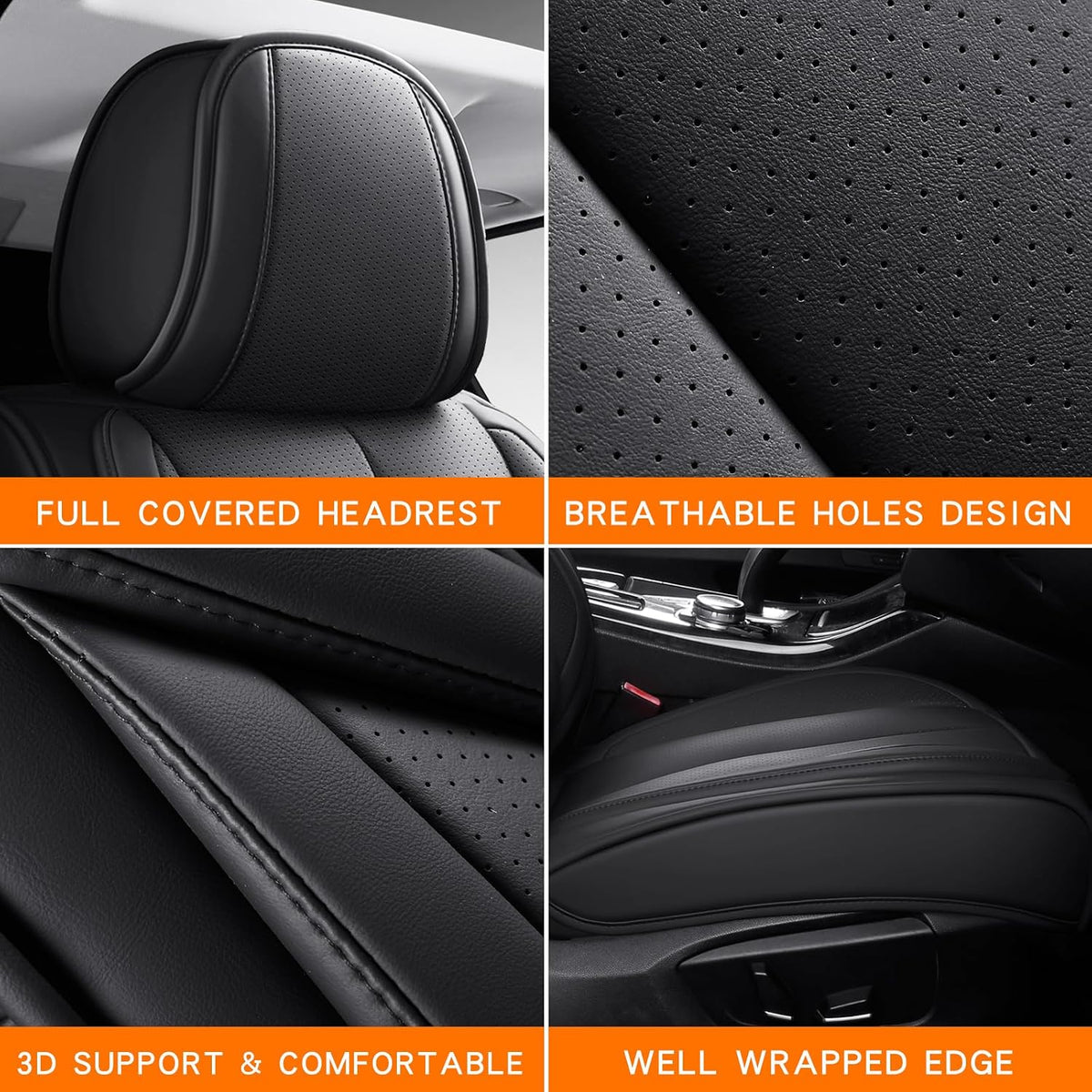 MINGBRON Car Seat Cover Full Set, Leather Car Seat Cover, Waterproof Seat Covers, Car Seat Cushion, Nappa Leather Seat Covers Car Seat Protector Universal Fit Most Cars Black