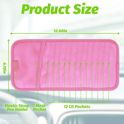 CD Visor Holder for Car, Large Capacity CD & DVD Visor Case, Vehicle Visor Storage Organizer with 12 Disc Sleeves, 1 Mesh Pocket 1 Pen Holder and & Elastic Band (Black)
