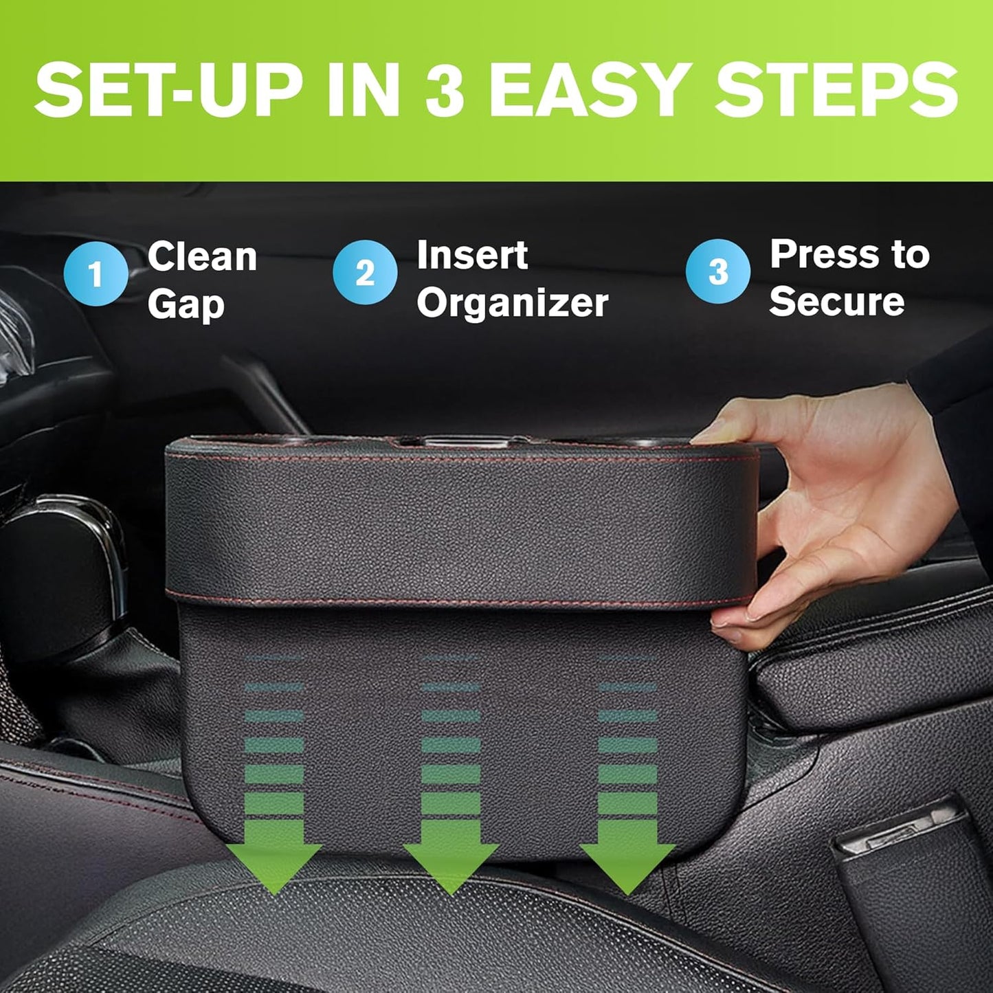 IOKONE Car Cup Holder, Auto Cup Drink Holders，Multifunctional Auto Front Seat Organizer with PU Leather Cover, Gap Filler Storage Box Coin Bucket Console Side Pocket Cell Mobile Phone Holder (Black)
