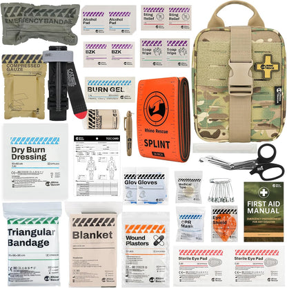RHINO RESCUE IFAK Trauma Kit with C-A-T Tourniquet for Wound Care, Tactical First Aid Kit Molle Pouch for Military, Combat, Car, Camping, Hiking, Travel (Black)
