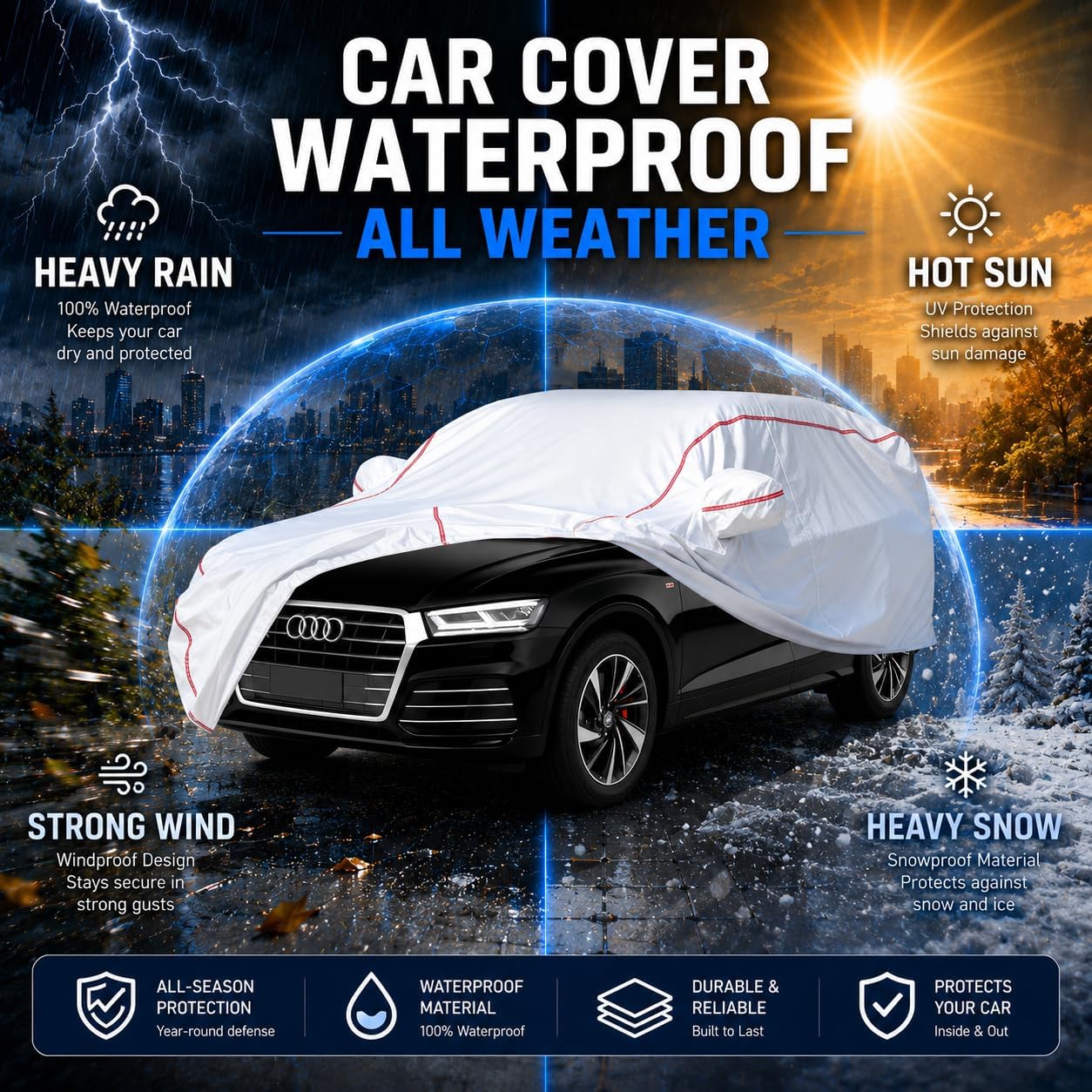 Car Cover for Sedan, Waterproof All Weather Heavy Duty, 360° Underbody Wrap Windproof Design, Quick Install Outdoor Vehicle Cover, Fits 186-193 in