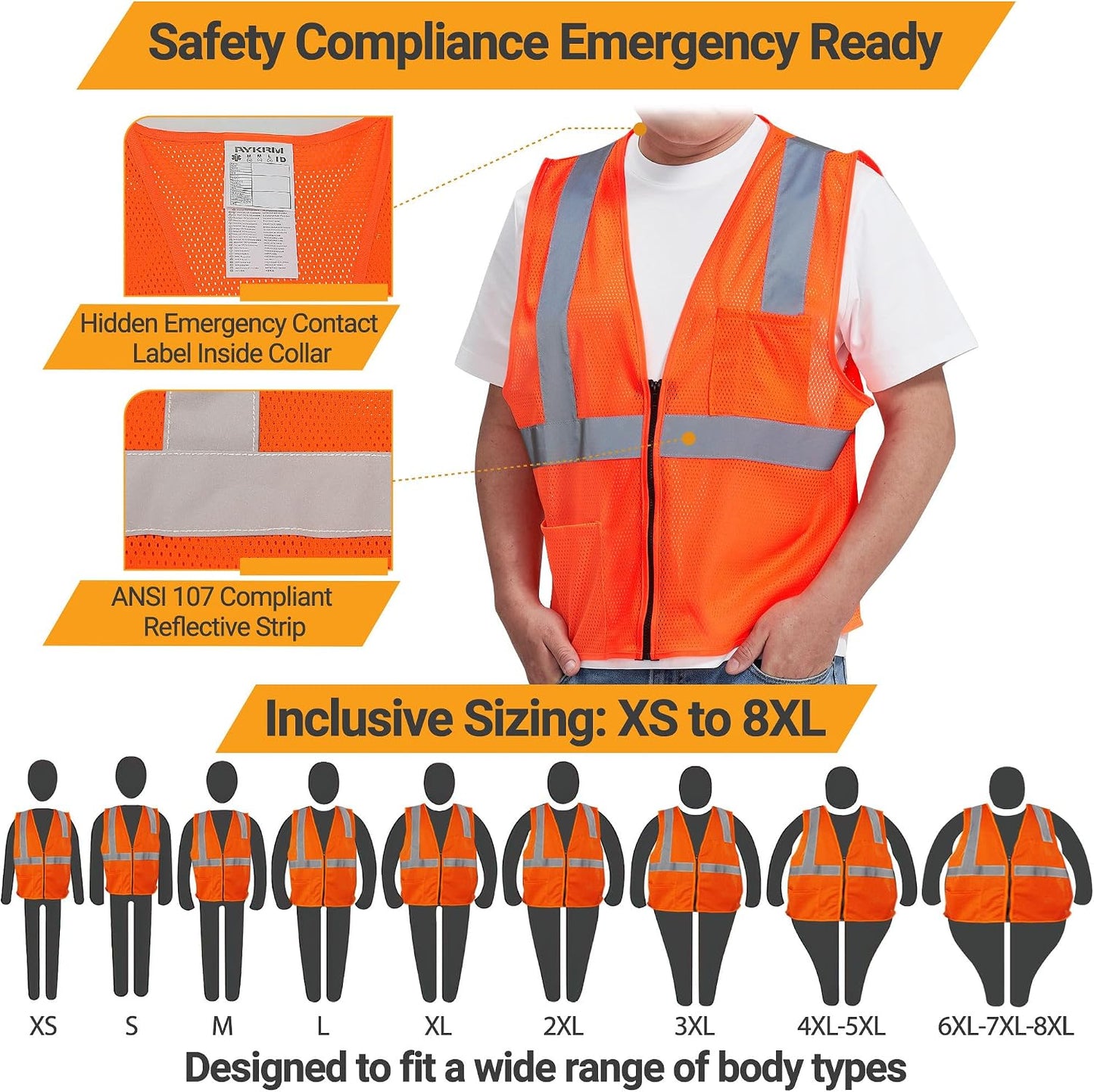 AYKRM 2 Pocket Mesh High Visibility Reflective Safety Vest for men & Women ANSI/ISEA 107 Standards